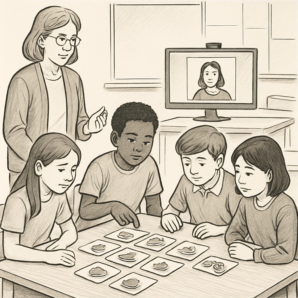 Students working on a Zoom activity with picture cards.