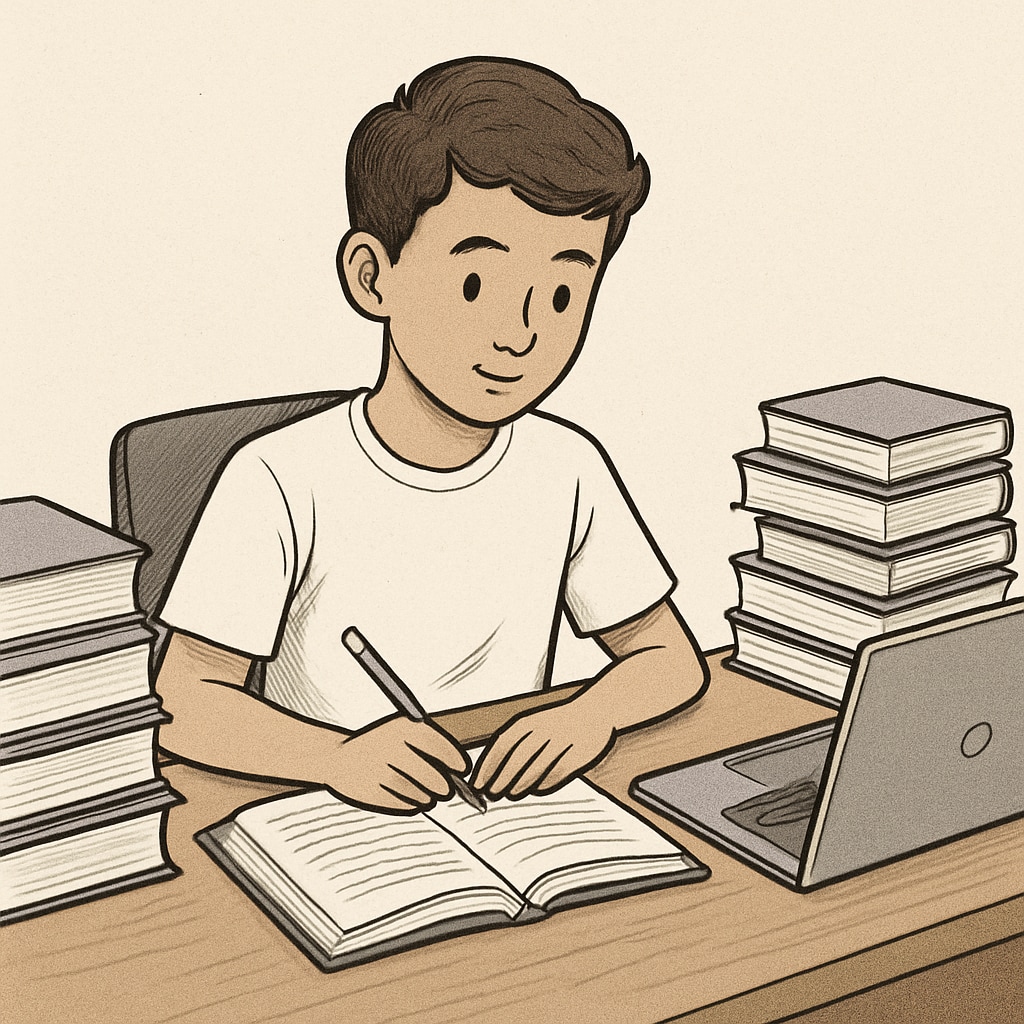 A student engaging in self-directed exploration with books and online resources.