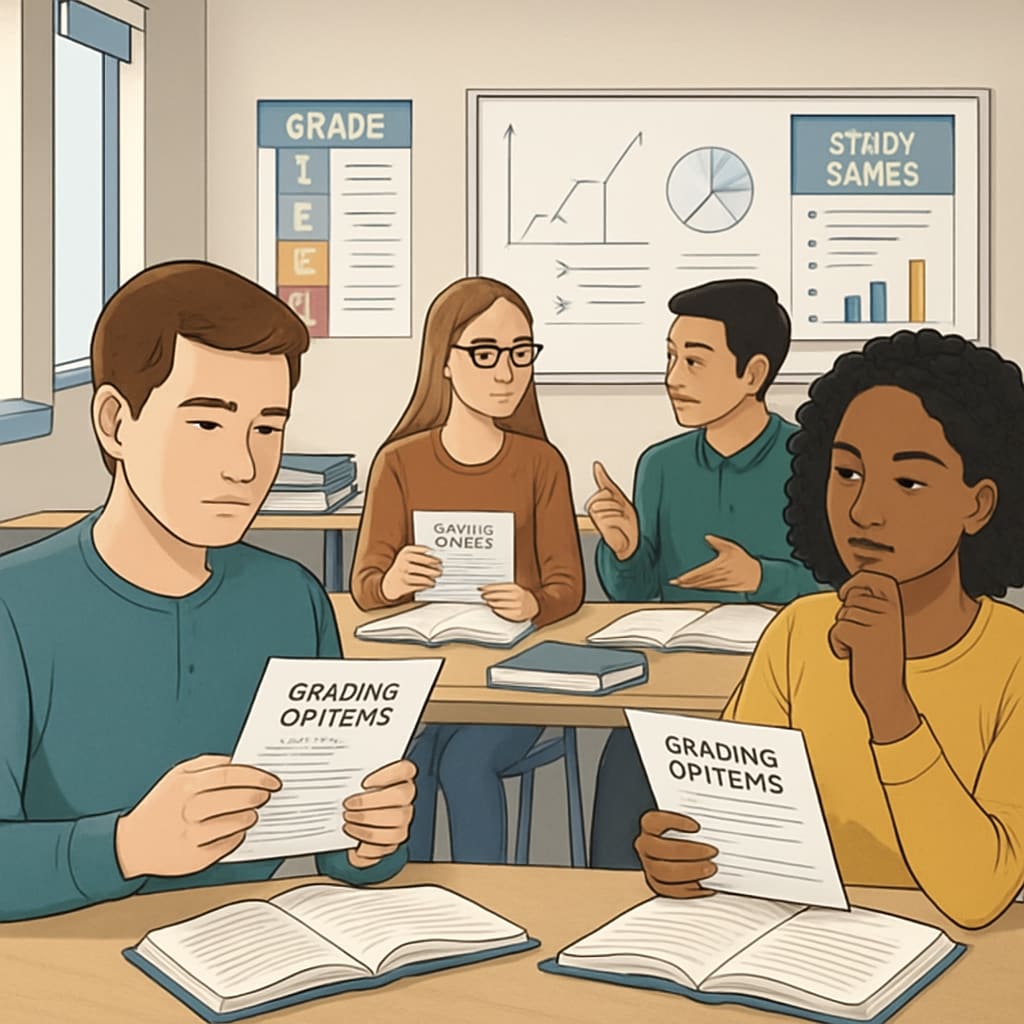 Students discussing GPA and P/NP grading systems in a university classroom.