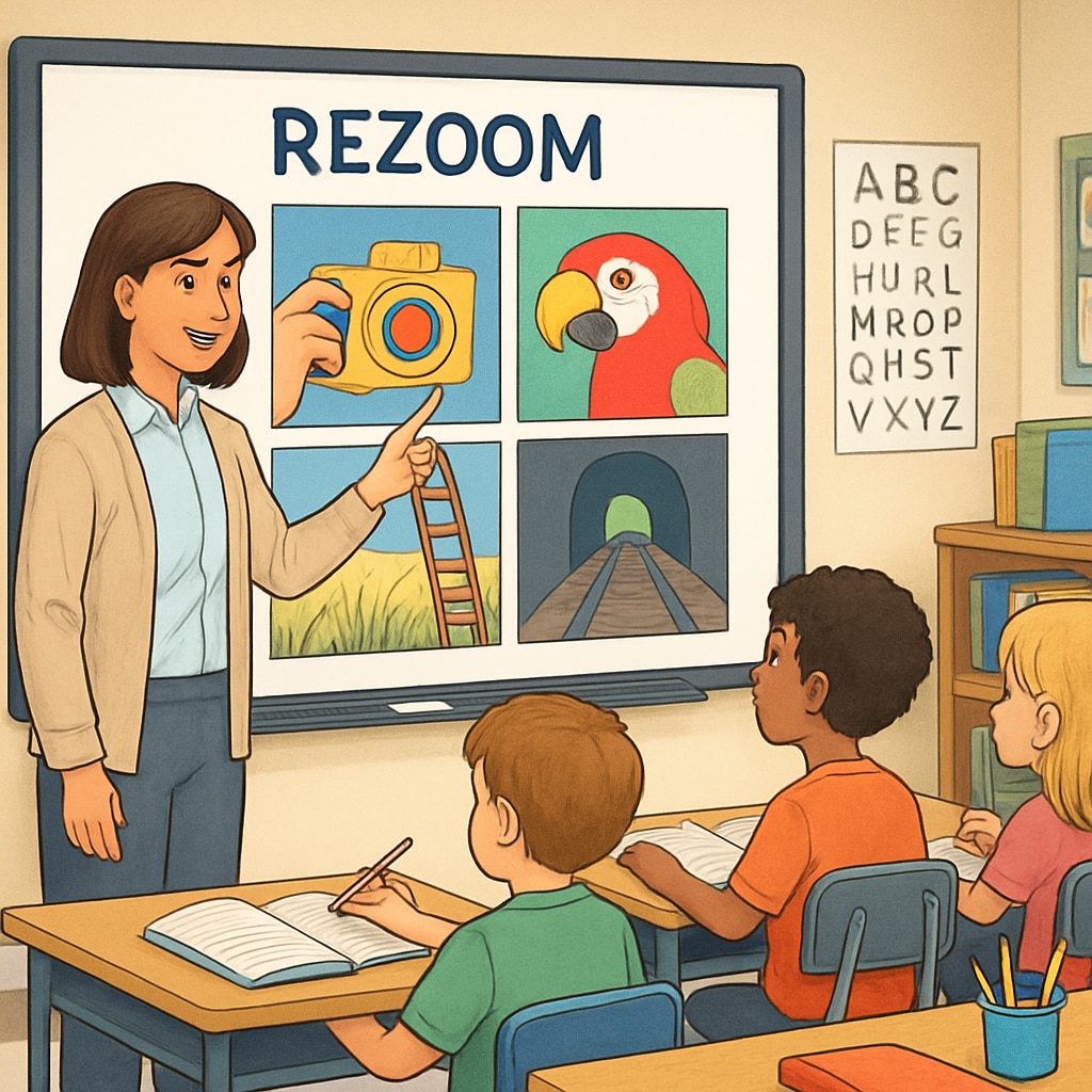 Teacher leading a ReZoom activity on a digital whiteboard.