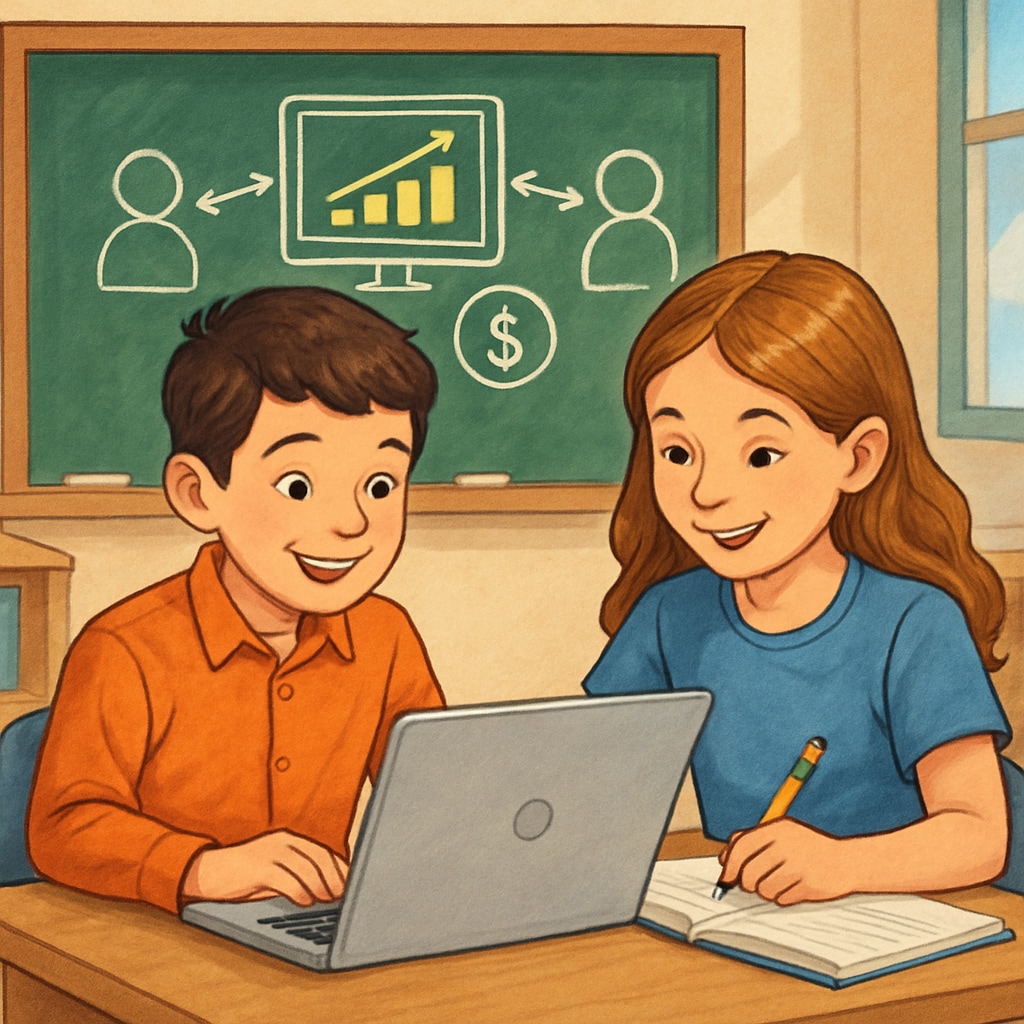 A young boy and girl working together on a virtual business project, smiling, with a laptop open in front of them. Kids learning business concepts virtually through the Skillspring Foundation program.