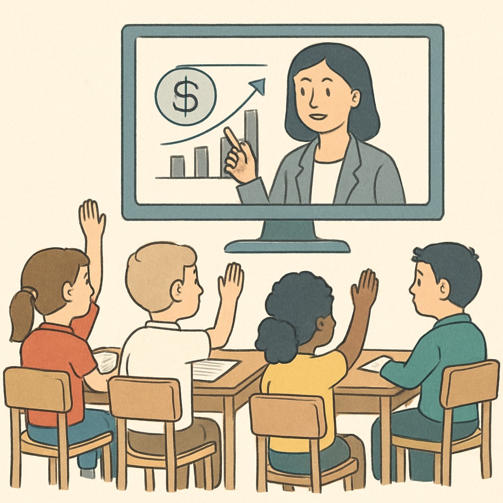 A virtual classroom setting with children raising their hands, a teacher on the screen explaining a business concept. Children engaging in an online business education session provided by a non-profit organization.