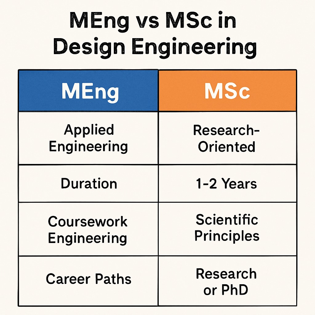 A comparison chart illustrating the differences between MEng and MSc programs in design engineering. MEng vs MSc design engineering comparison chart