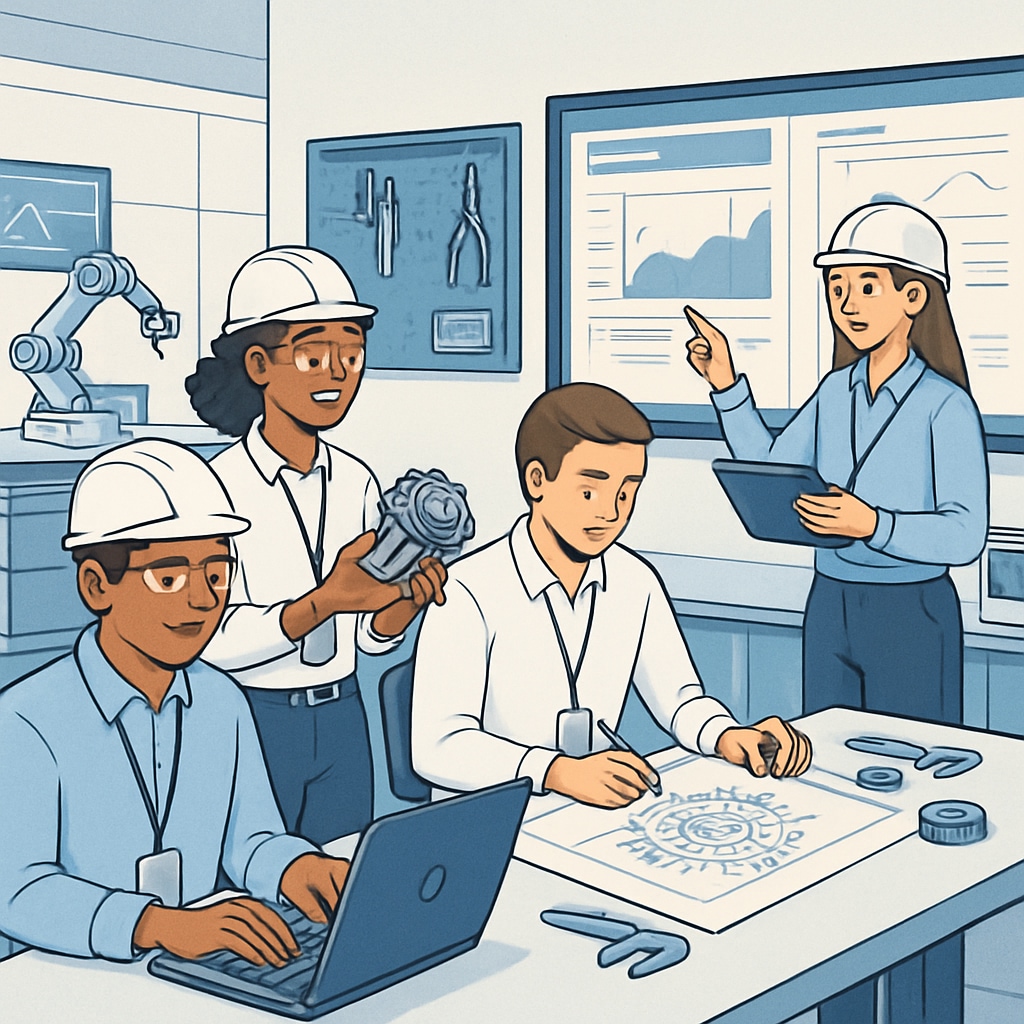 An image of design engineering graduates working on an innovative project in a high-tech lab. Design engineering graduates collaborating on a project