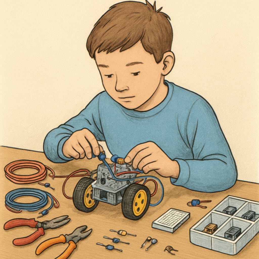 A 4-year-old boy working on a robotics kit, showcasing creativity and early development.