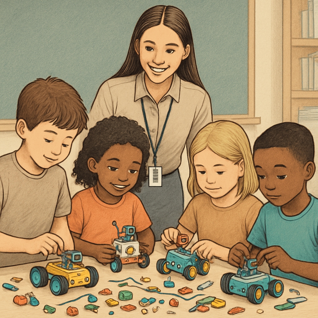 Children in a STEM workshop building robots, highlighting hands-on learning and education choices.