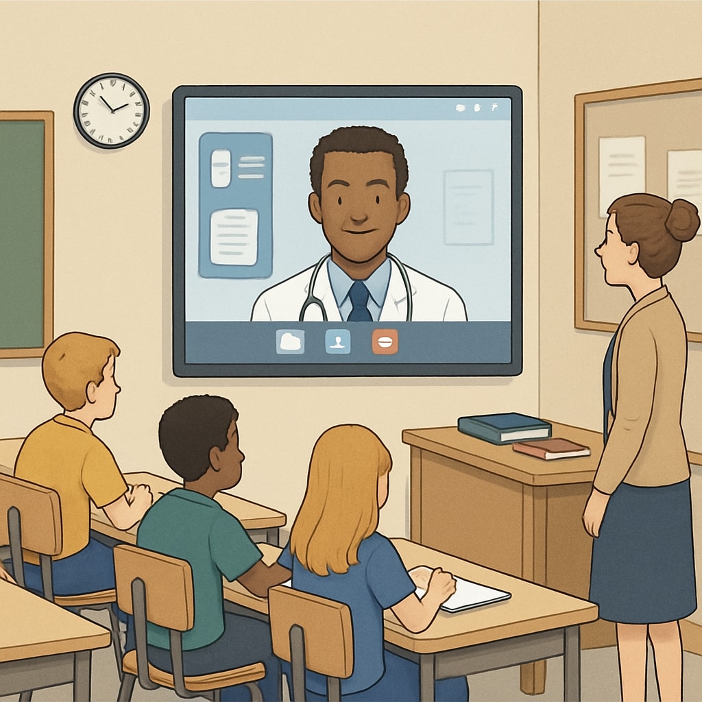 A classroom setting where students are engaged in a virtual interview with a medical professional. Students participating in a virtual medical career interview as part of a school project.