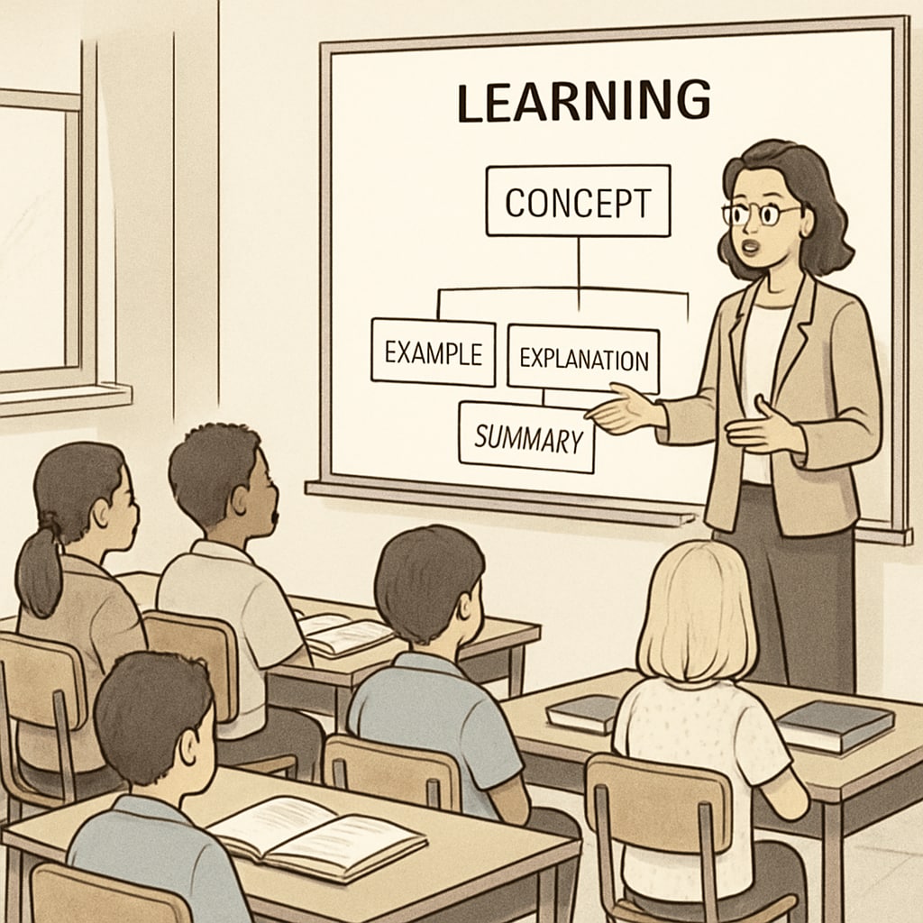 Structured learning in a classroom setting with teacher and students.