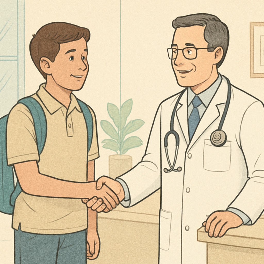 A high school student shaking hands with a doctor during an informational interview at a local clinic. A student meeting with a doctor for a career interview in a professional setting.