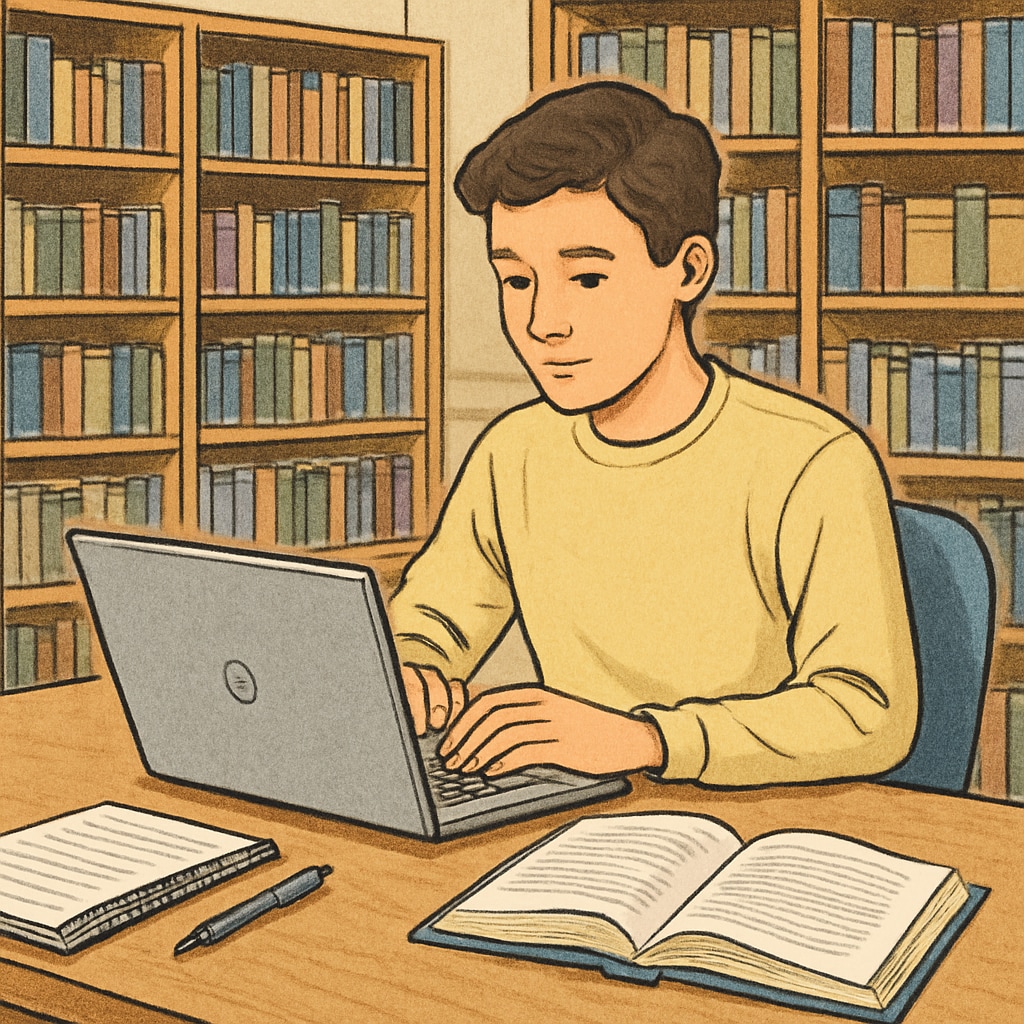 A student practicing self-directed learning with a laptop in a library.