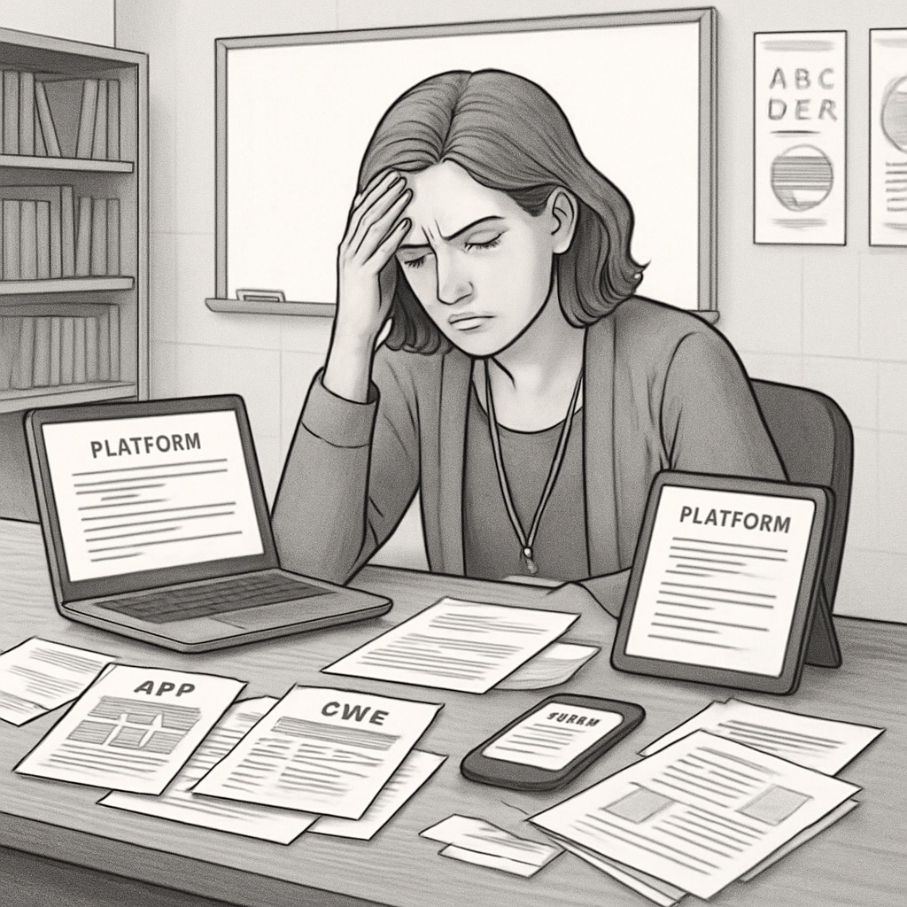 Educator managing disconnected tools, representing challenges in K12 education technology.