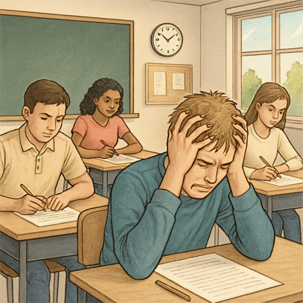 Distressed student during an exam, highlighting math anxiety and test stress.