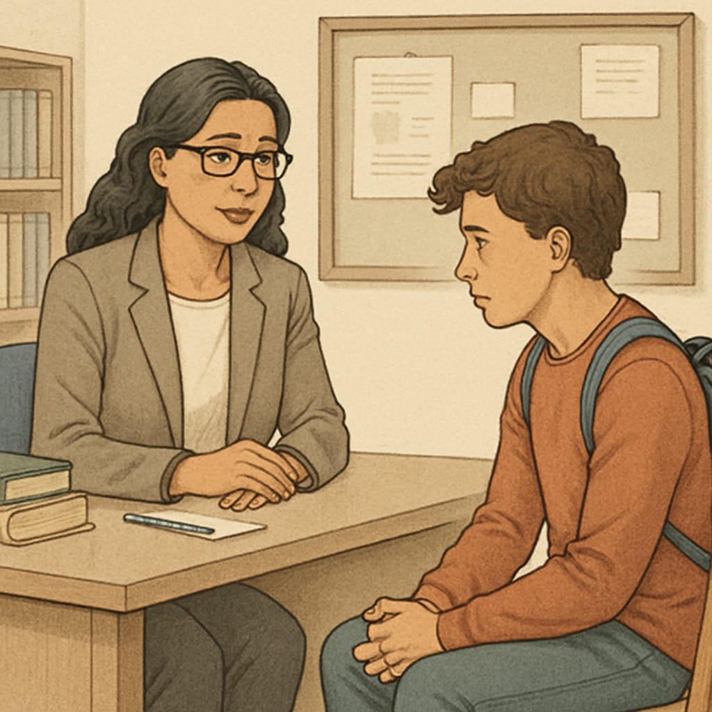 School counselor speaking with a student in a K12 environment.