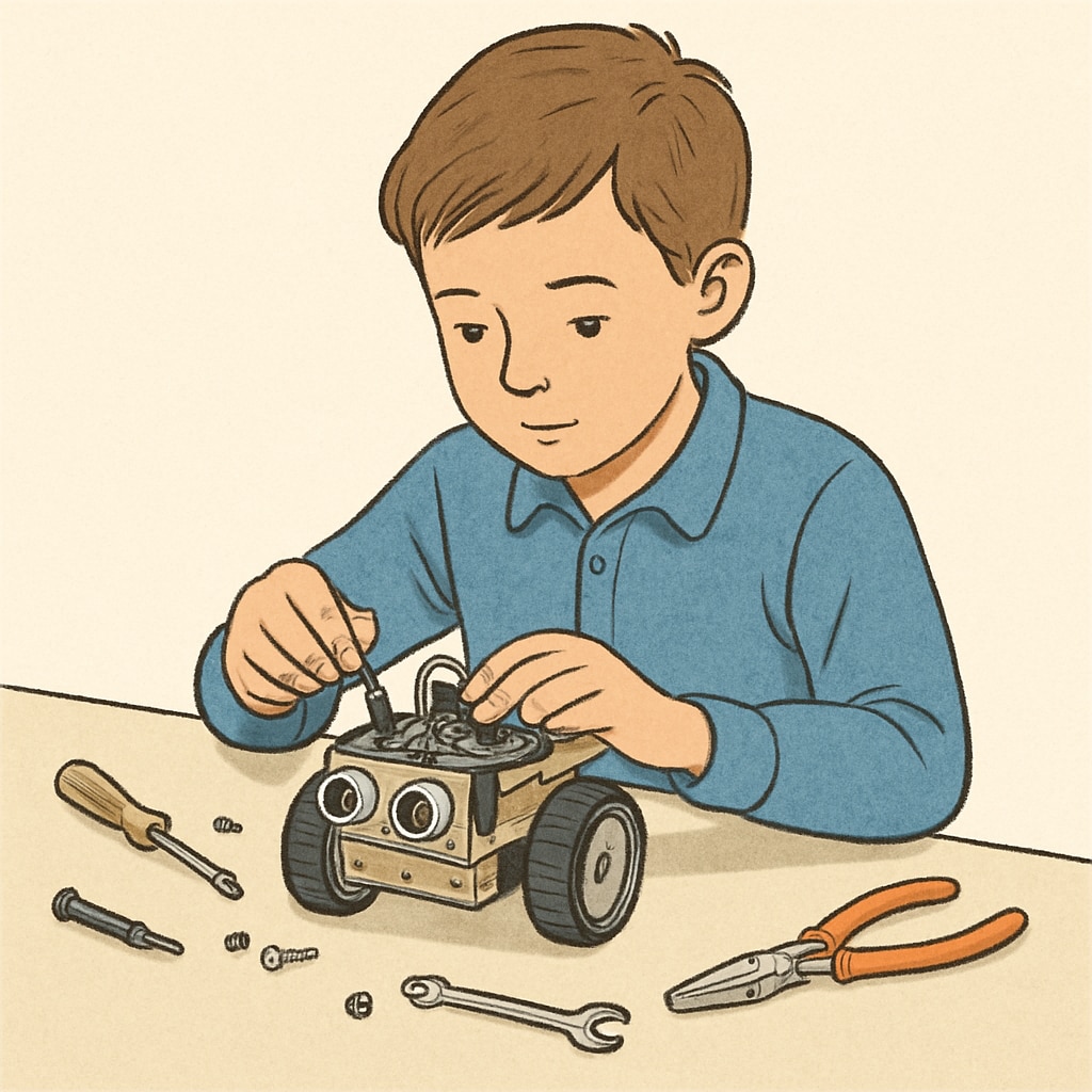 A young boy engaged in hands-on STEM learning, assembling a robot.