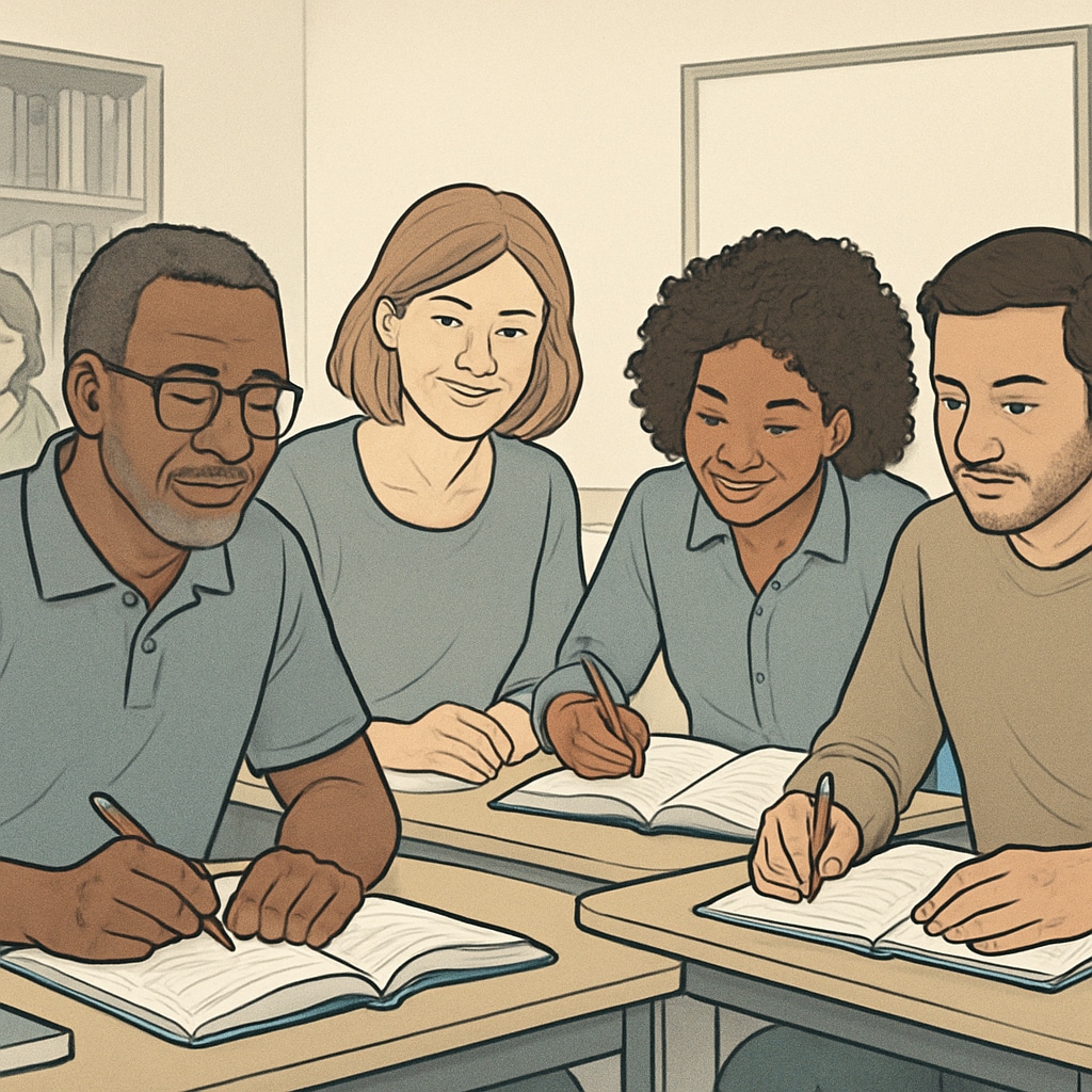 Adult learners in a classroom environment, symbolizing GED holders pursuing education.