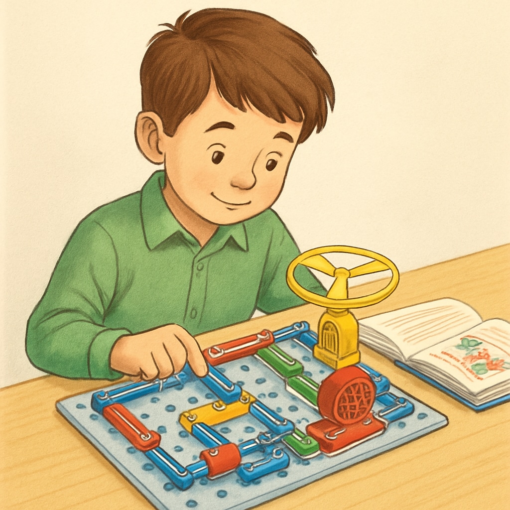 A child learning STEM concepts by working with a colorful circuit board.