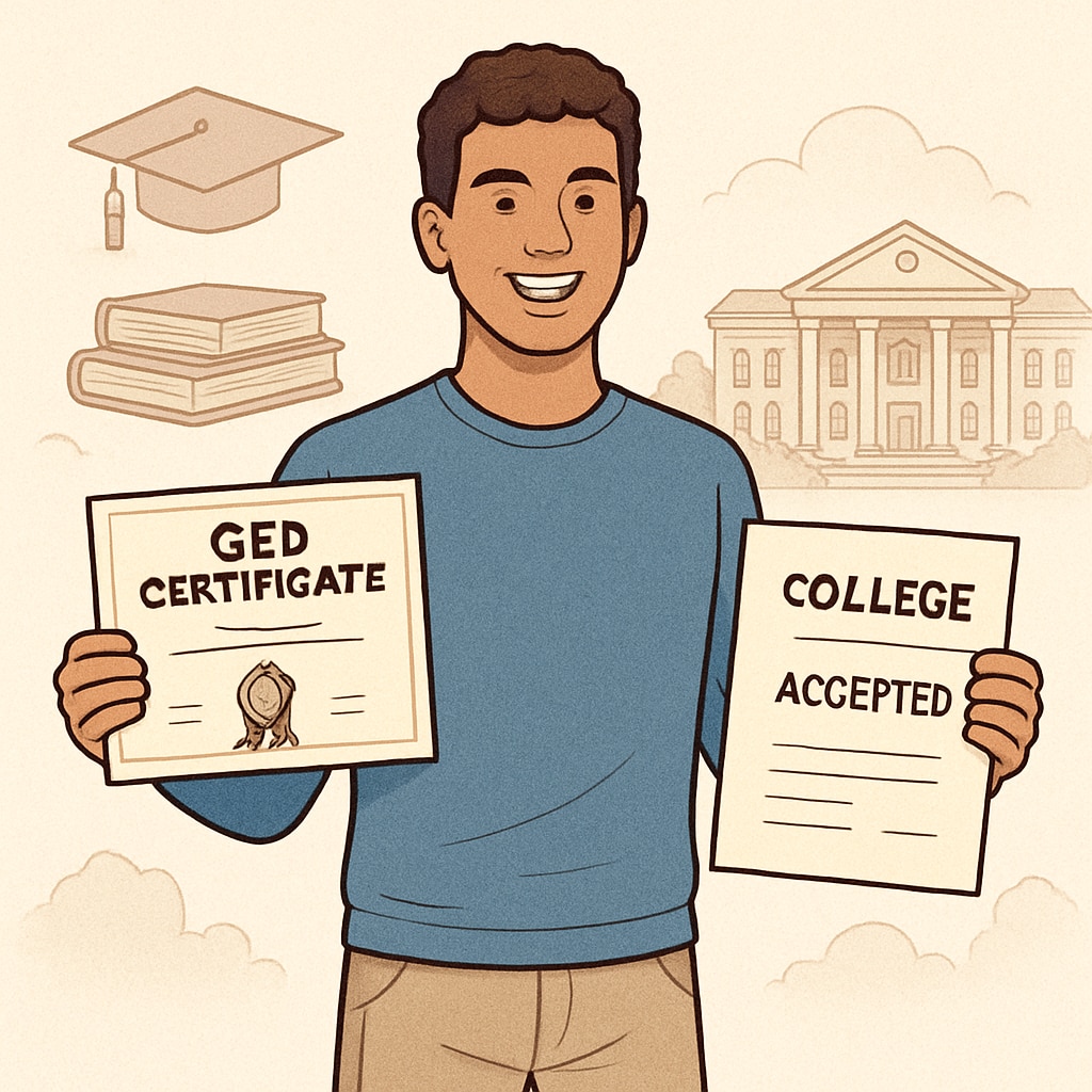 GED certificate holder celebrating college acceptance, representing education milestones.