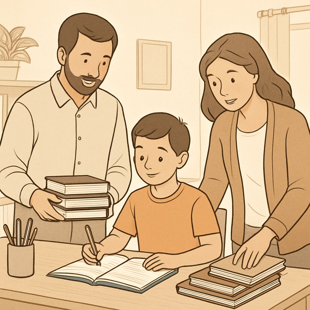 Parents helping a child organize study materials to improve executive function skills.