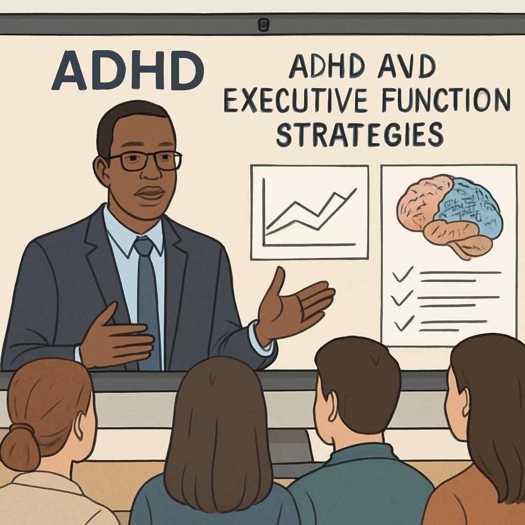 Speaker discussing ADHD and executive function strategies during an educational webinar.