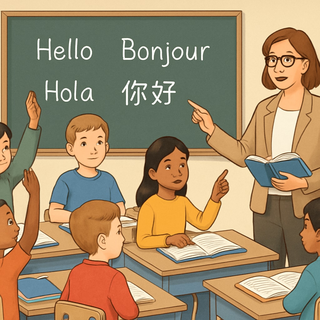A classroom with diverse students engaging in a multilingual learning environment. Diverse students in a classroom adapting to multilingual education systems.