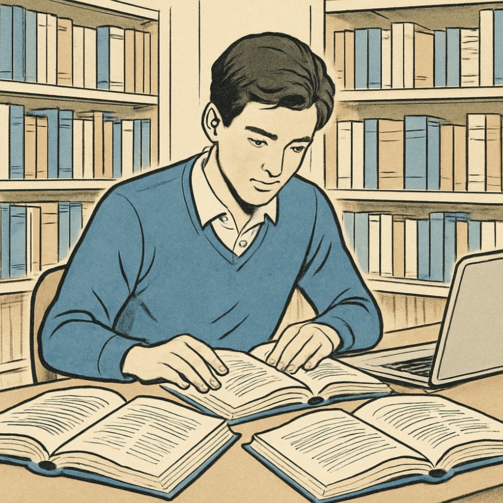 A student studying in a library with textbooks and a laptop, symbolizing adaptation to an English-based education system. Student studying in a library, representing adaptation to English-based education.