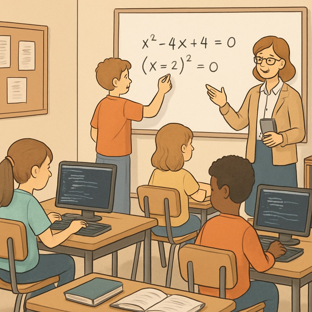 A classroom where students are engaged in both vocational activities (e.g., coding) and academic lessons (e.g., solving equations). Students in a hybrid classroom learning both vocational and academic skills