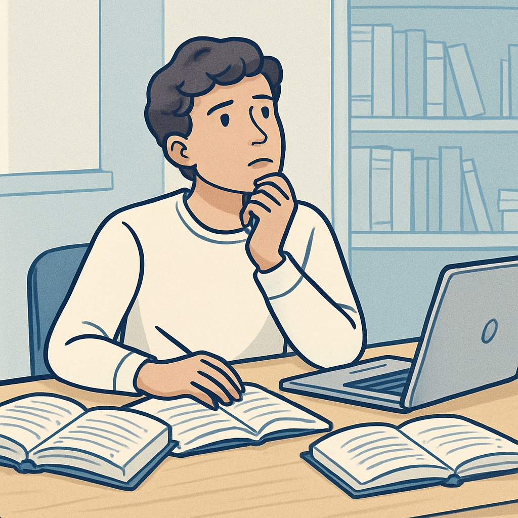 A thoughtful college student, sitting at a desk with books and a laptop, contemplating their career path. College student thinking about educational choices and career prospects