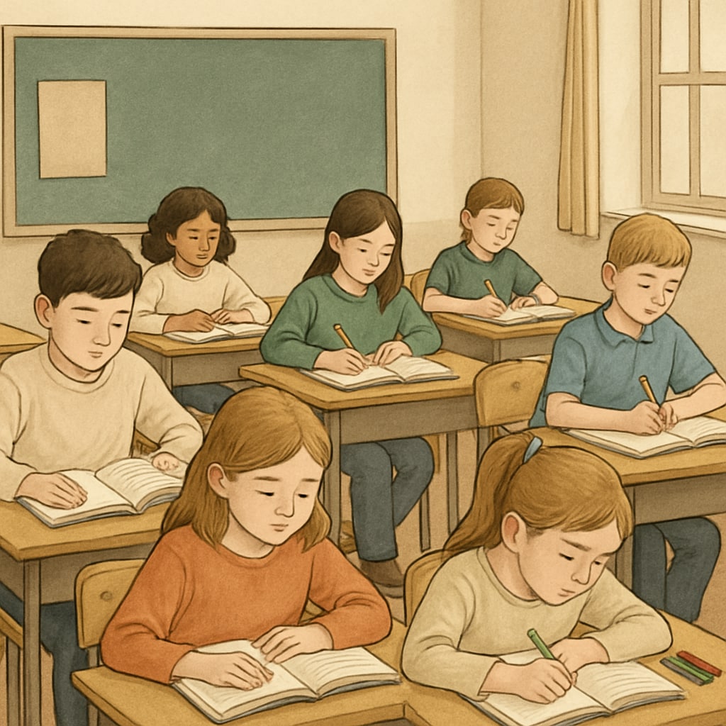 Students in public school classroom without smartphones, showing focus on learning.