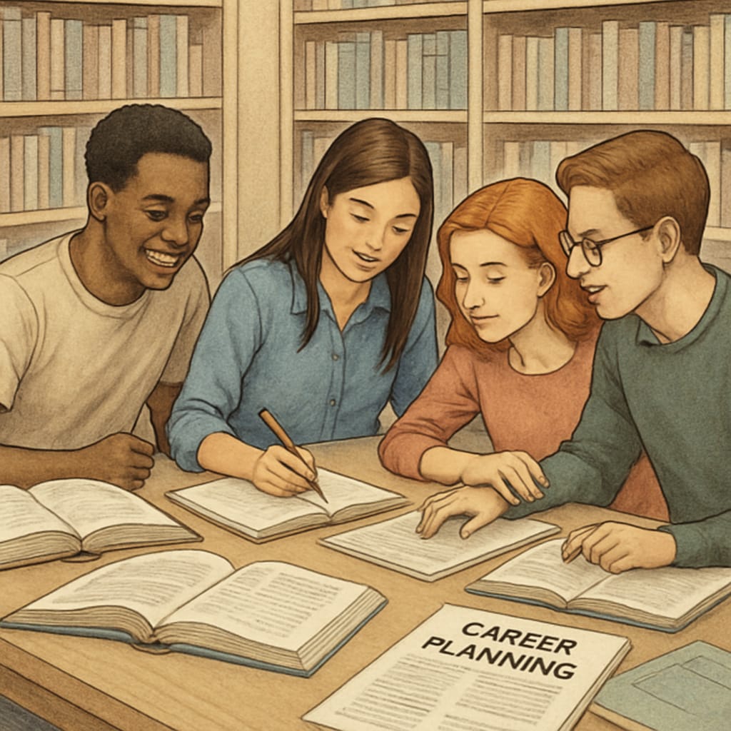 A group of students collaborating in a library, surrounded by research materials and career planning guides. Students discussing academic planning and career development in a library