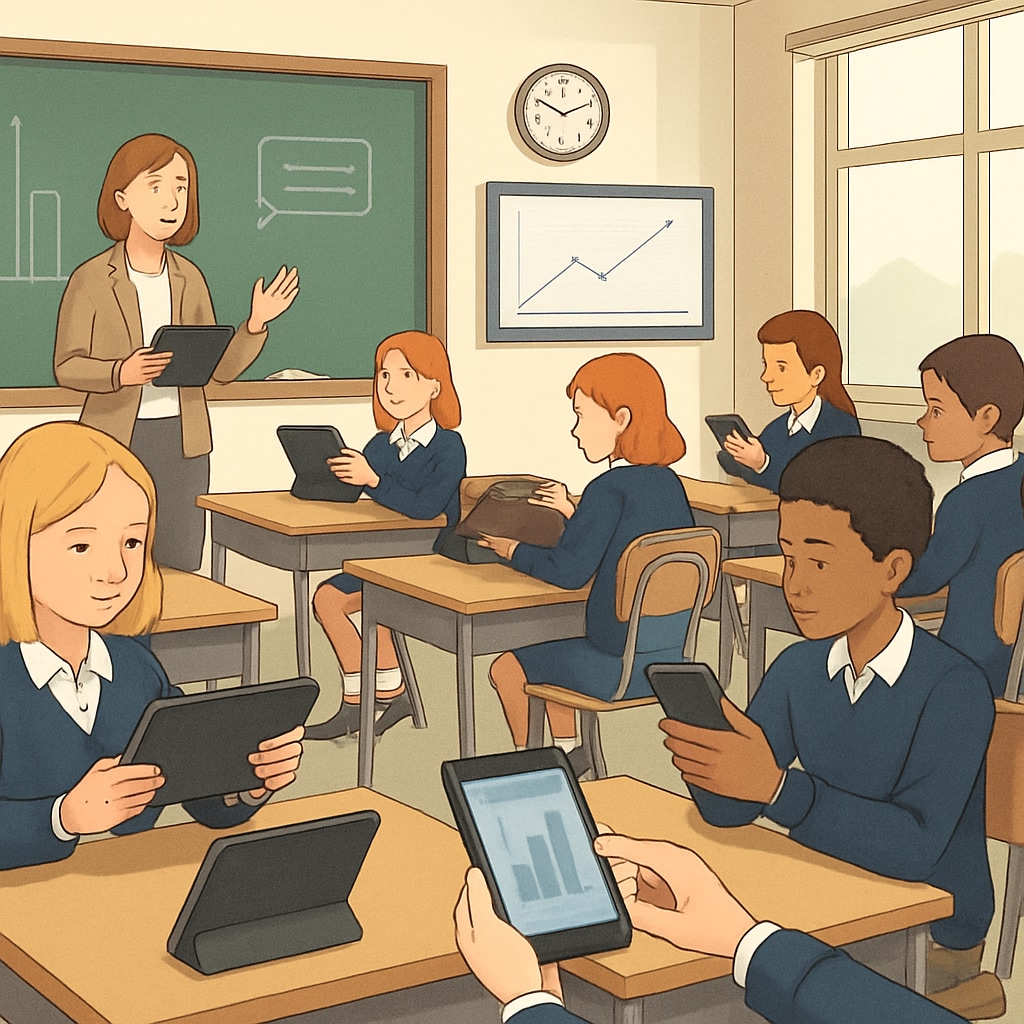 Private school students using smartphones for educational purposes, illustrating policy differences.