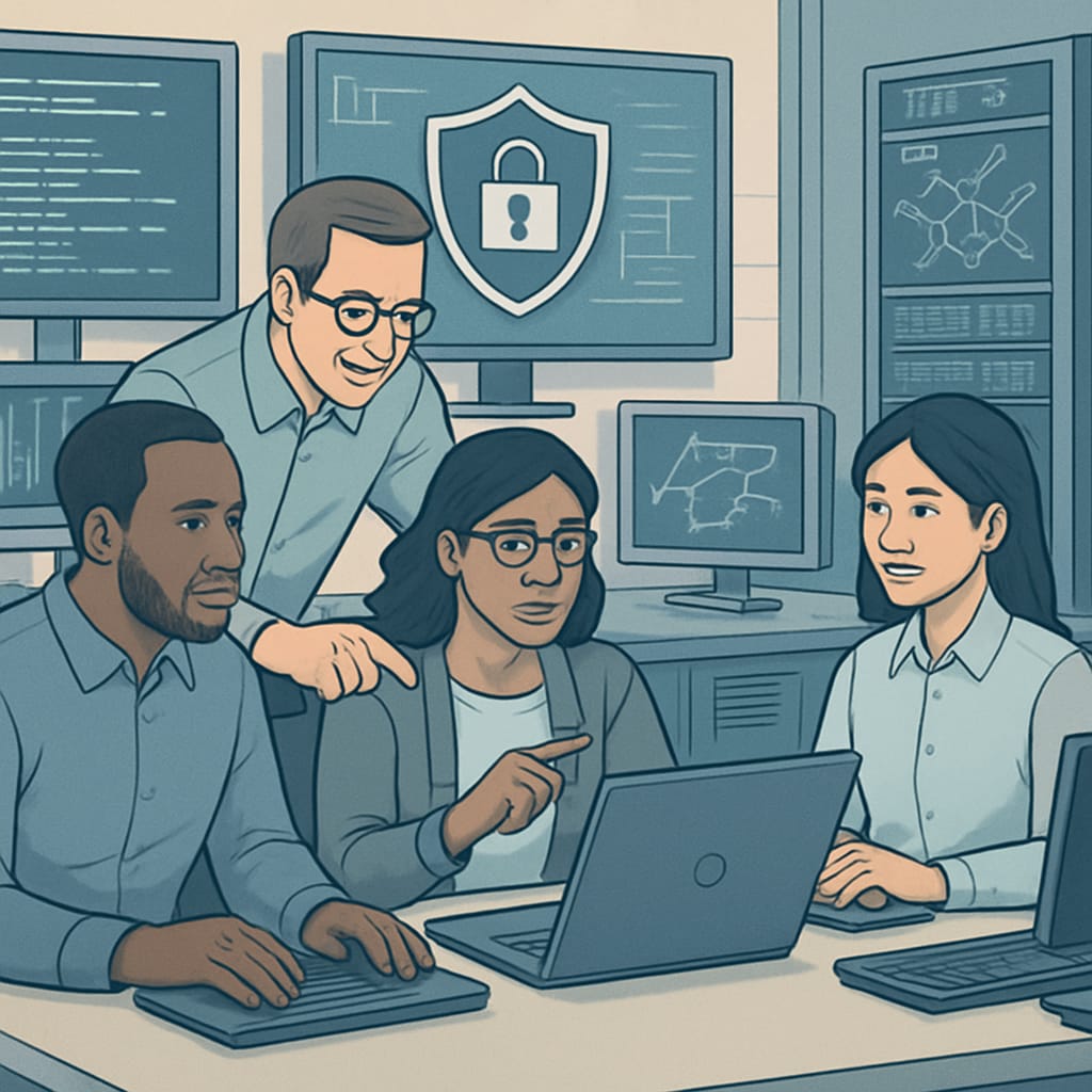 A diverse group of cybersecurity professionals working in an advanced computer lab, showcasing teamwork and technology application. Cybersecurity professionals collaborating in a lab setting