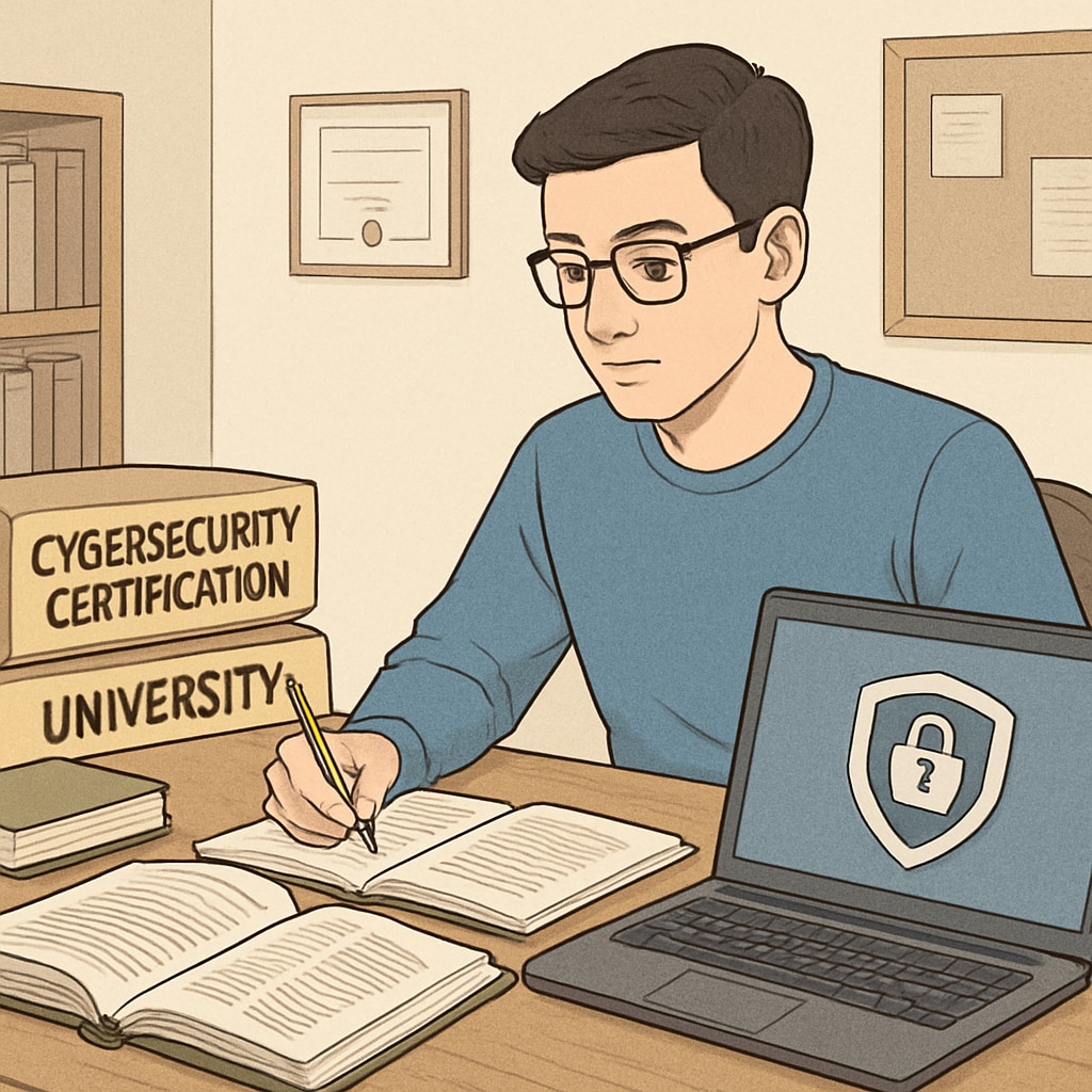 A student earning a cybersecurity certification online alongside their university degree, emphasizing dual qualification benefits. Student earning cybersecurity certification alongside academic studies