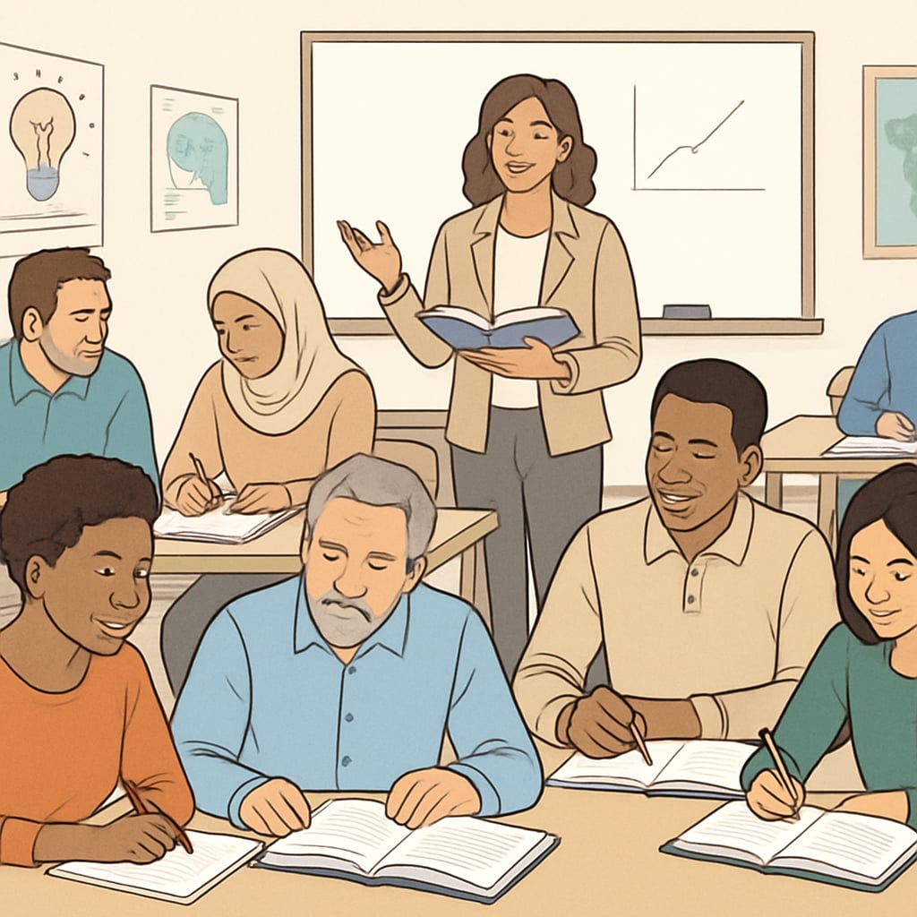 Adult education, GED, college admission visual representation with students in a classroom.