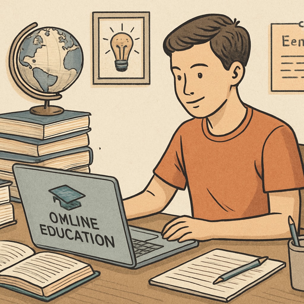 A student studying online on a budget-friendly platform, symbolizing affordable education. Affordable online bachelor's degree in business/finance illustration.