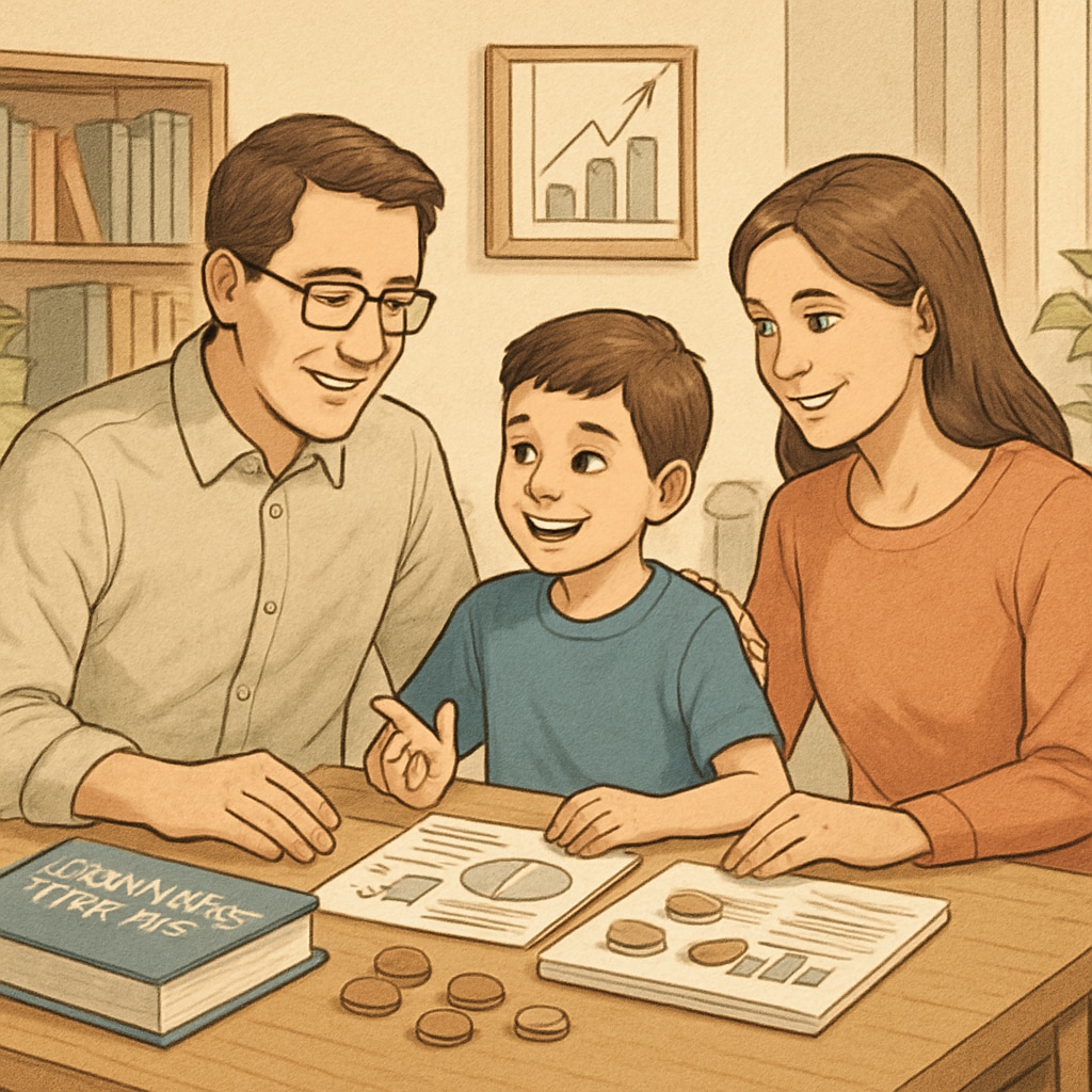 A family discussing financial literacy with a young child, emphasizing the importance of early education. Family teaching financial literacy to prepare for affordable education.