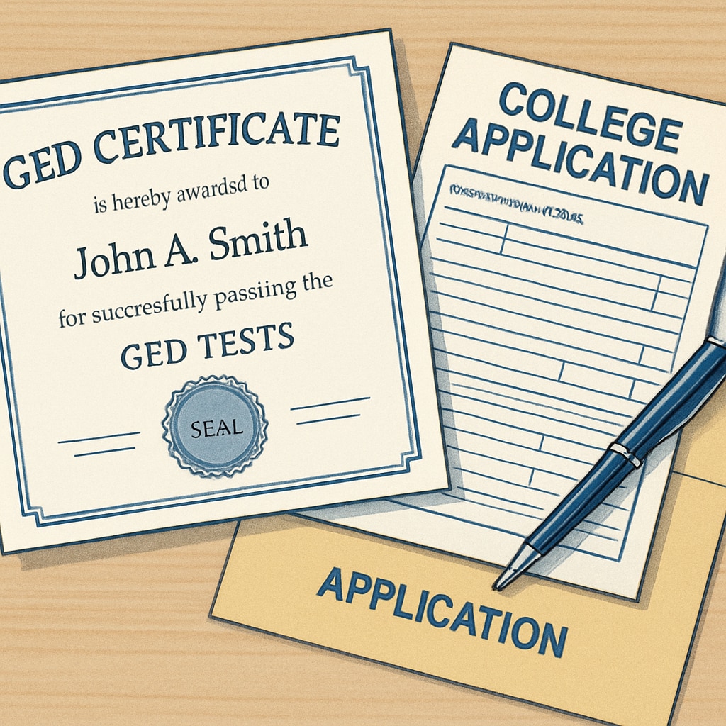GED certificate and college application materials representing adult education and college entry.
