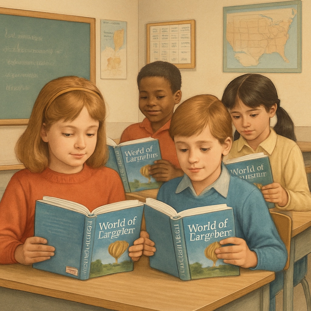 A classroom scene from the 1980s, with children reading A nostalgic classroom image showing students engaged with