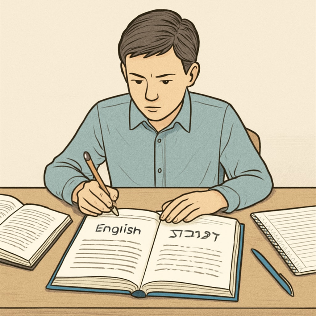A student adapting to a foreign language learning environment with bilingual textbooks.