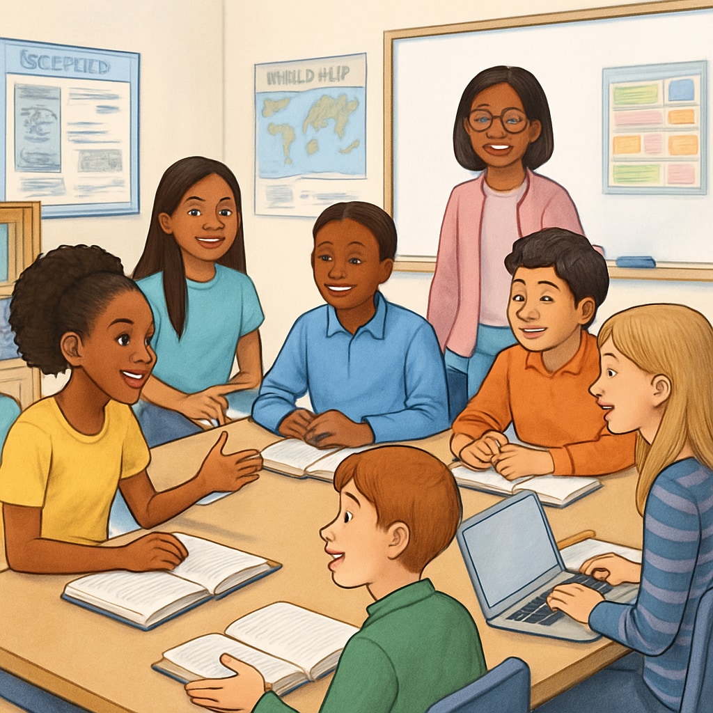 Students engaging in an interactive classroom discussion in a foreign language learning environment.