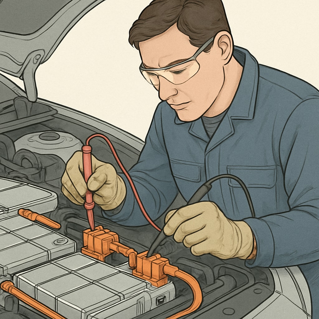 Automotive technician troubleshooting an electric vehicle battery system.
