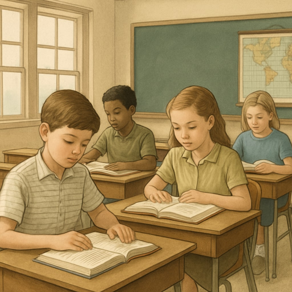 Students in a public school classroom focusing on studies with no phones visible.