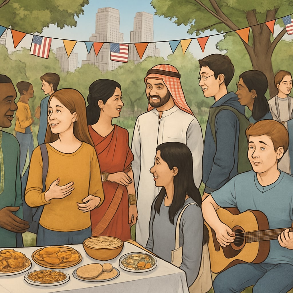 International students and locals engaging at a cultural event in New York.
