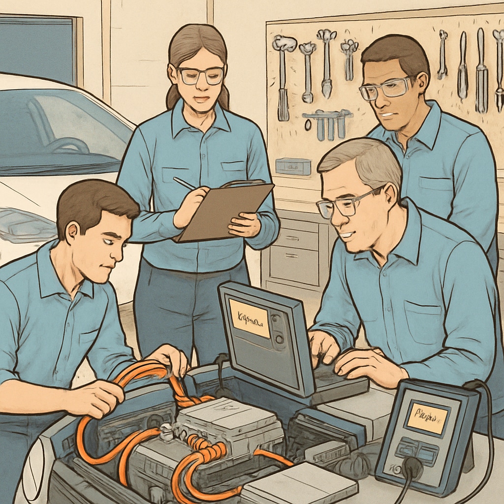 Team of technicians analyzing an electric vehicle diagnostic system.