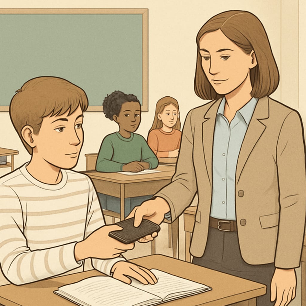 Teacher enforcing phone ban in a public school by confiscating a student's phone.