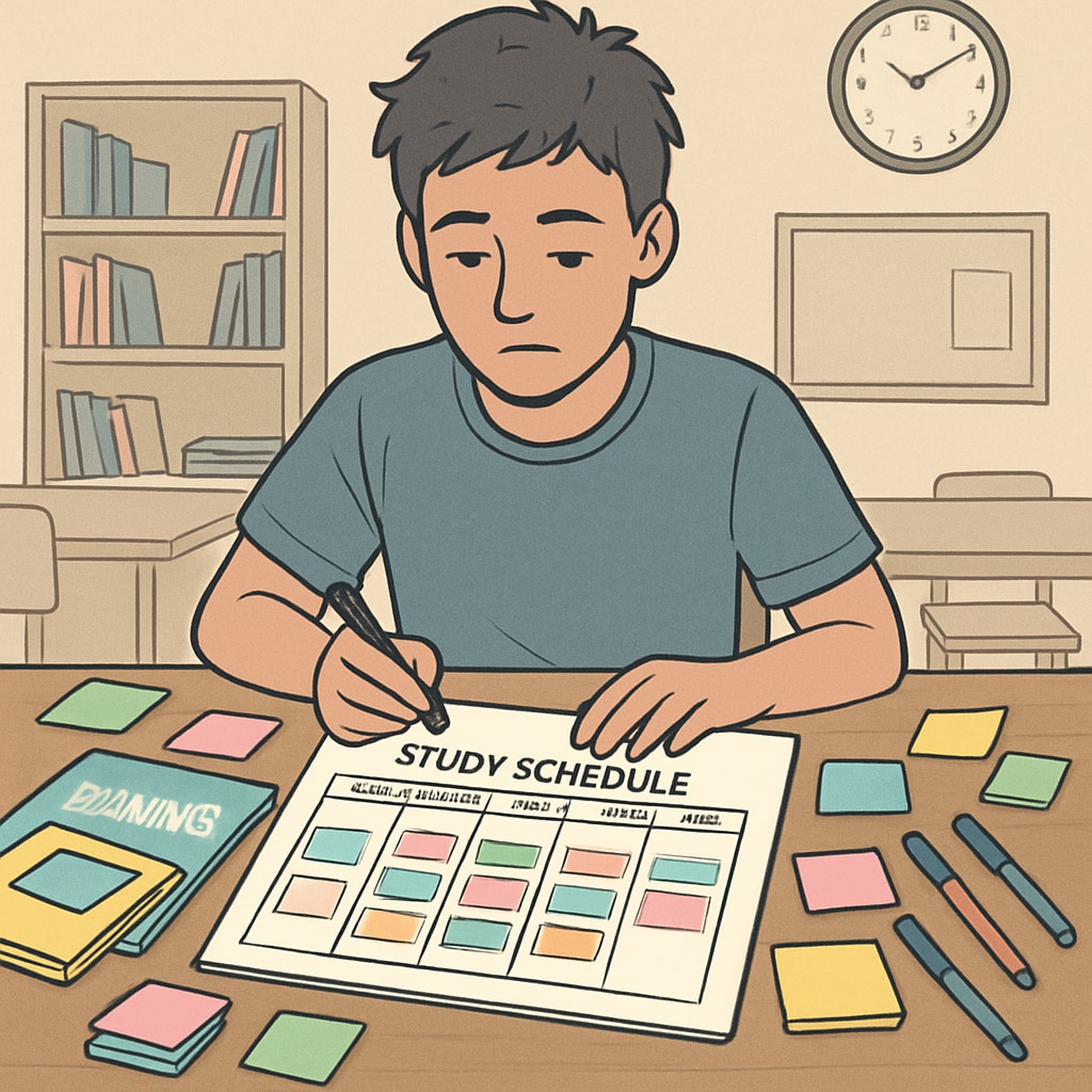 ADHD high school student organizing study schedule with visual aids.