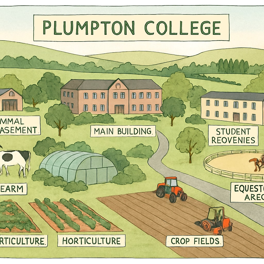 A scenic view of Plumpton College campus surrounded by greenery, showcasing its agricultural focus. Plumpton College campus highlighting its agricultural and vocational programs.