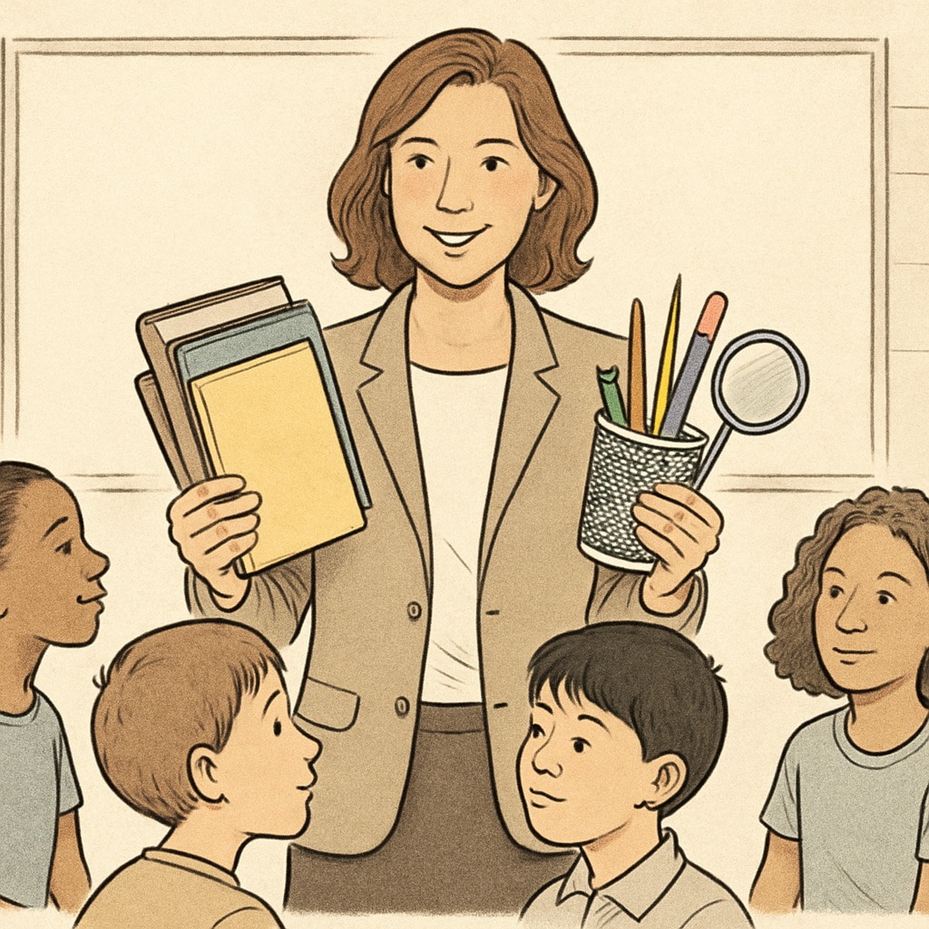 Teacher holding school supplies with students, showcasing teacher support donations.