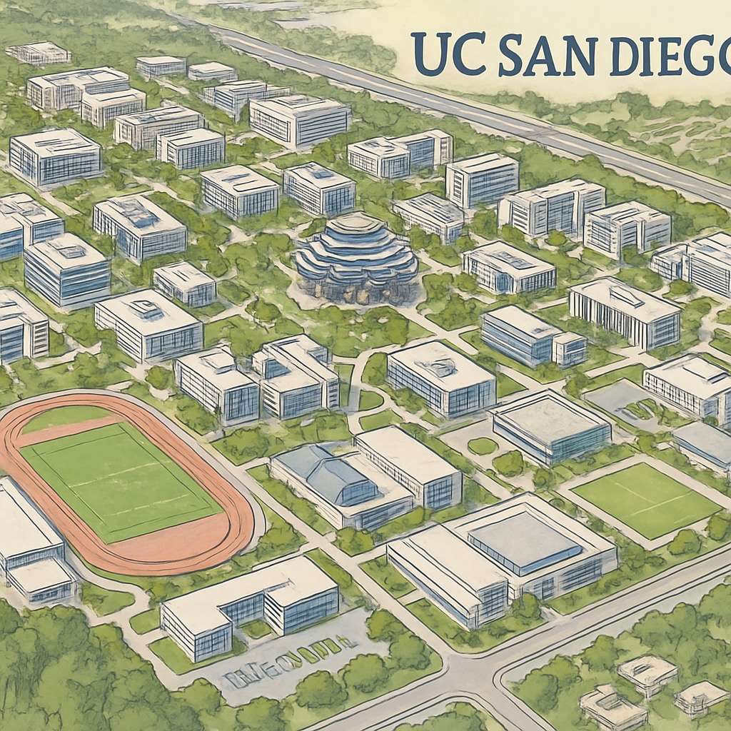 An aerial view of UC San Diego's campus, showcasing its modern architecture and extensive facilities. UC San Diego campus view with modern architecture and facilities.