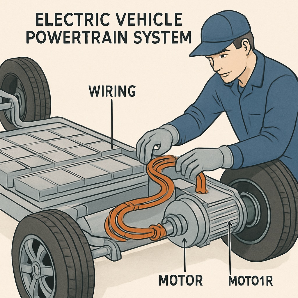 A technician working on an electric vehicle's powertrain system, illustrating the connection between electrical technology and automotive innovation. Technician working on an electric vehicle powertrain system to highlight electrical technology's role in automotive careers.