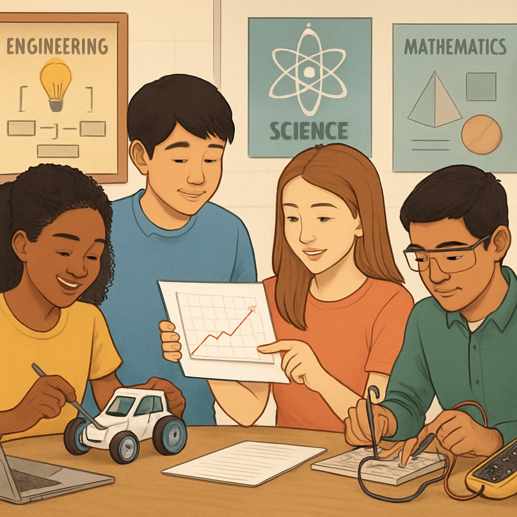 A group of diverse high school students collaborating on a STEM project, highlighting the importance of early preparation. High school students working on a STEM project for college readiness.